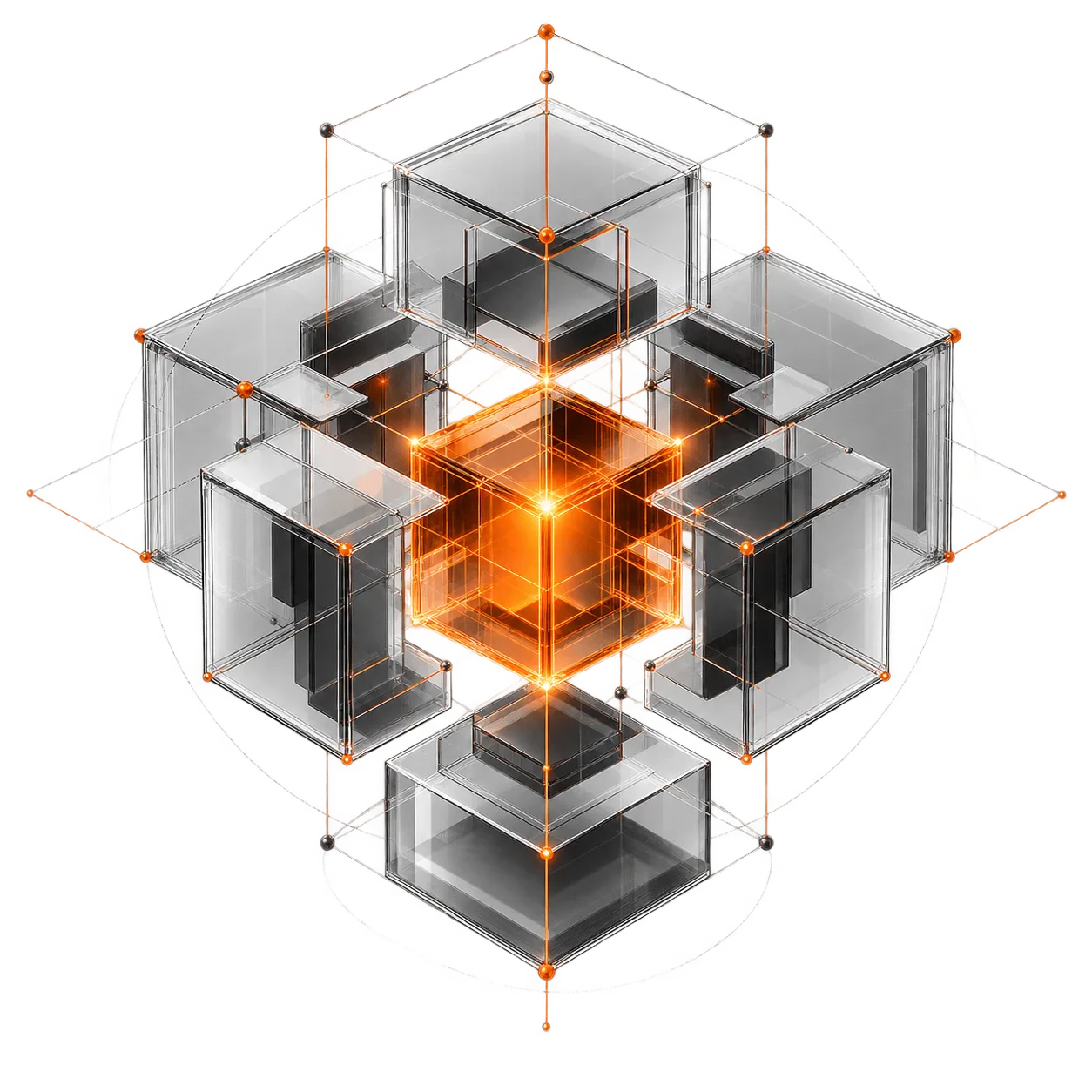 Ilustração da etapa GENERATE: blocos transparentes se encaixando ao redor de um núcleo laranja.