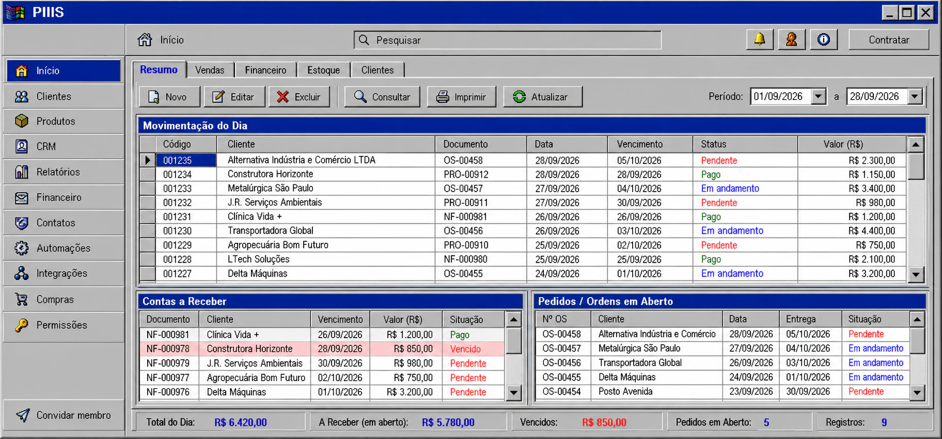 Sistema antigo, com telas densas e aparência de ERP dos anos 2000